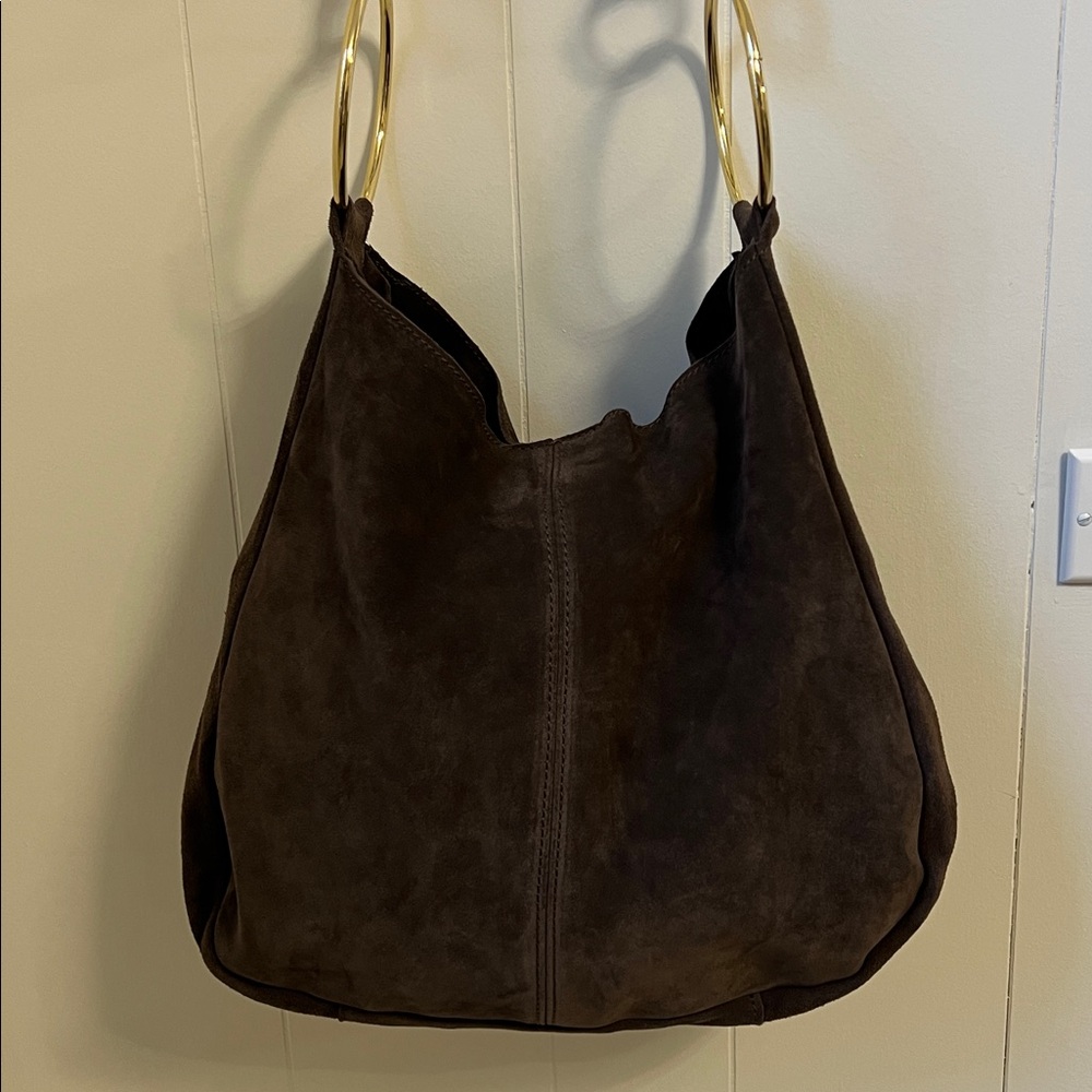 Claudia Firenze Suede Crossbody Slouchy Hobo Tote Bag Chocolate Brown Gold Ring - Picture 11 of 16